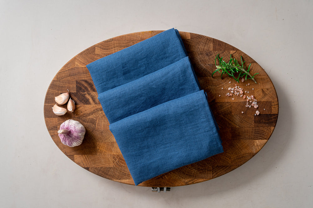 blue linen tea towel on the cutting board