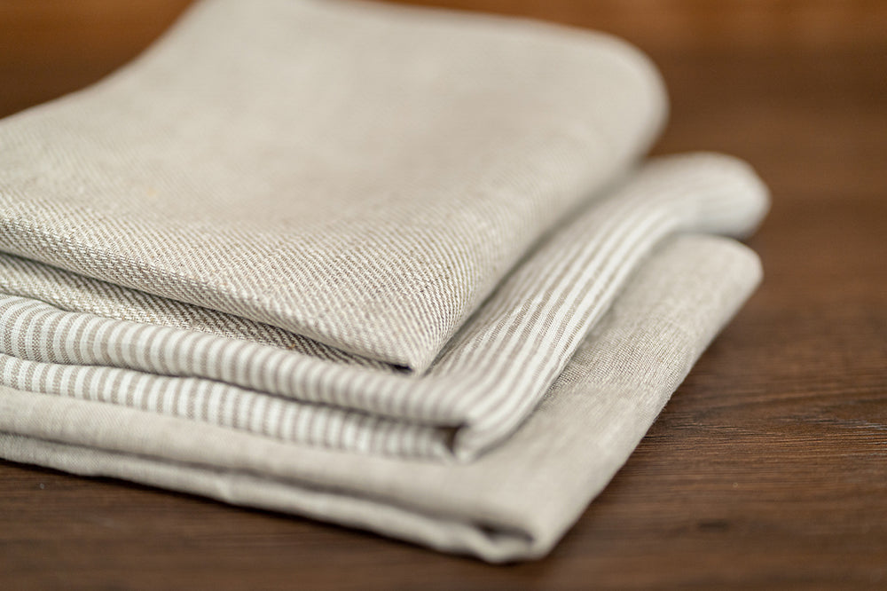 
                  
                    Load image into Gallery viewer, natural, striped and pale sandy set of 3 linen kitchen towels
                  
                