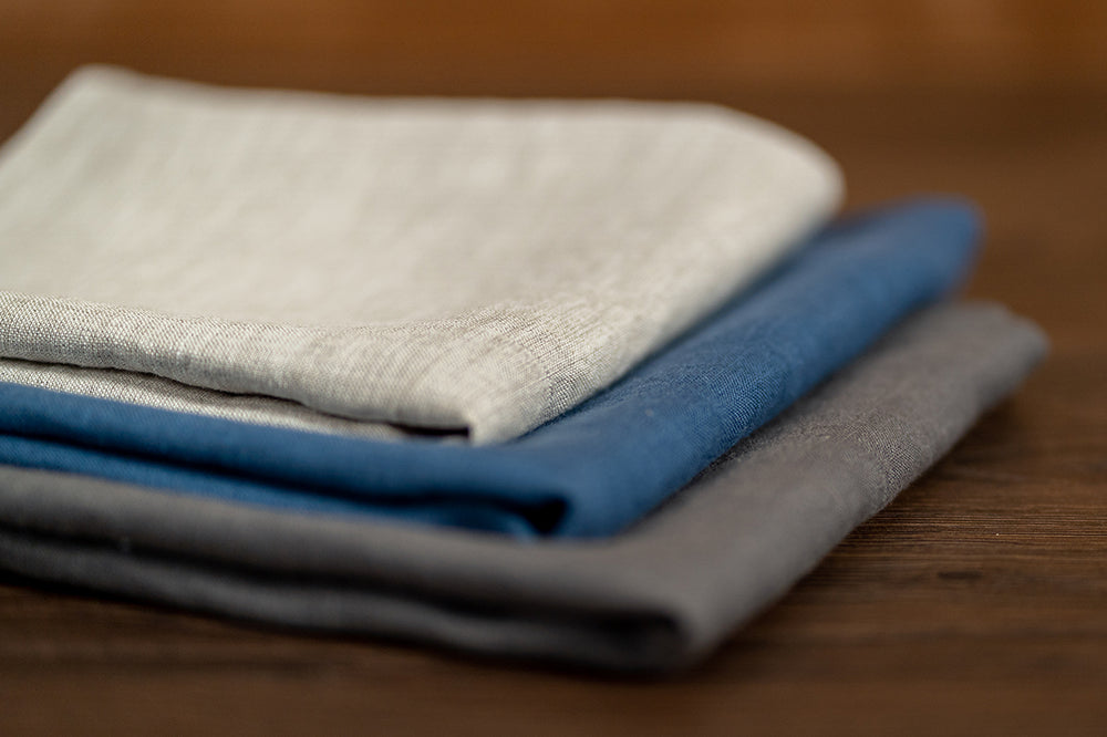 blue, pale sandy and brown linen kitchen towels