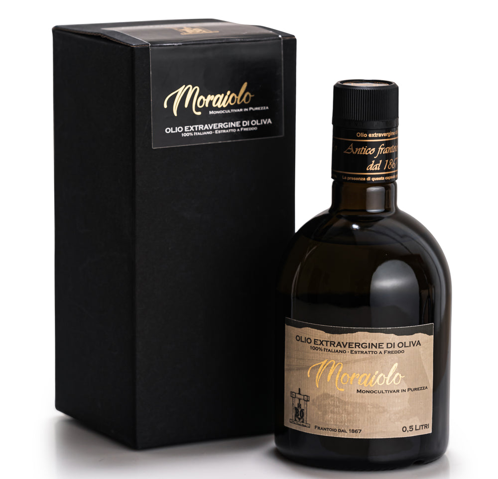 Moraiolo Extra virgin olive oil, dark glass bottle with gift box, product of Italy