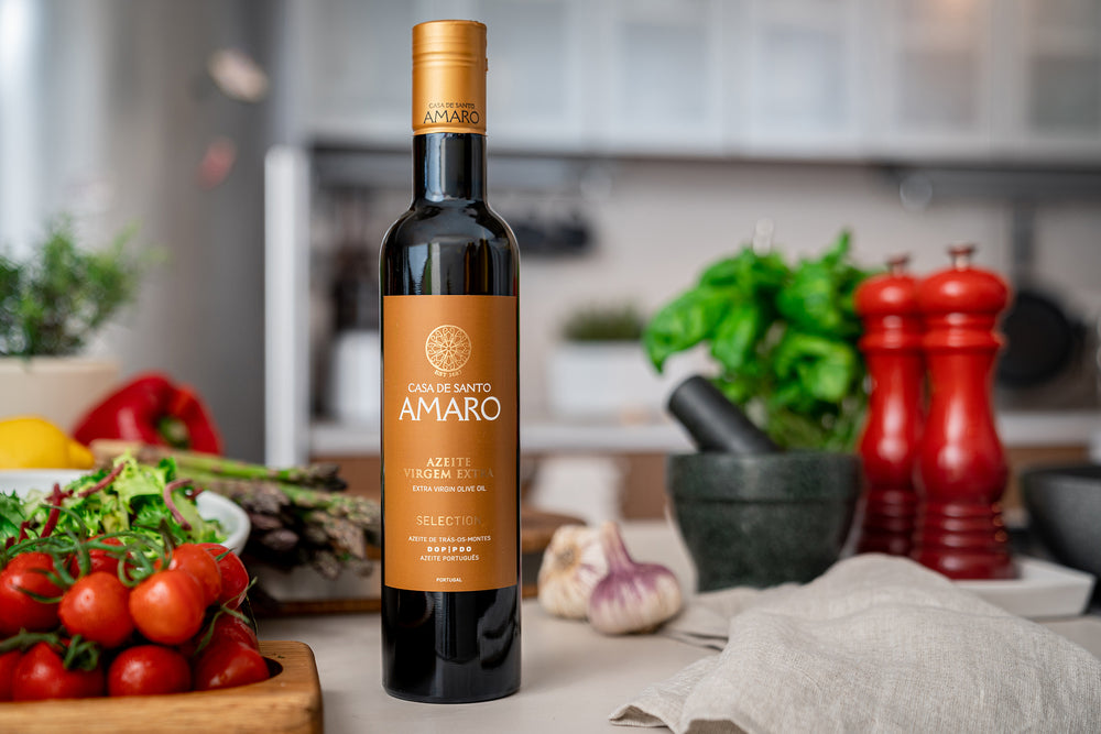 Elegant glass bottle 0,5L of extra virgin olive oil, on the kitchen’s table, product of Portugal