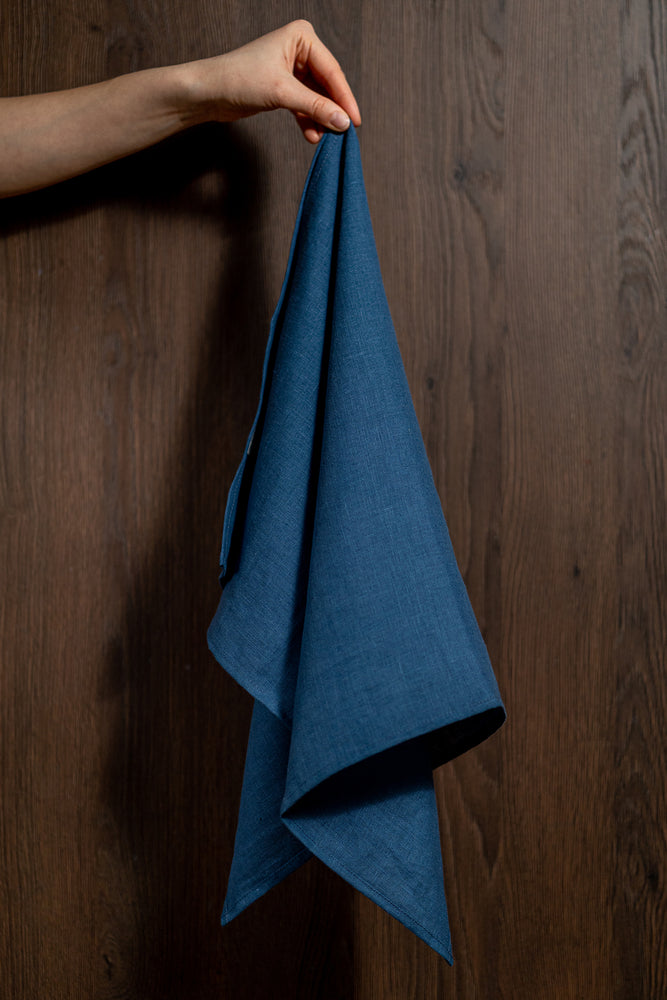 
                  
                    Load image into Gallery viewer, blue linen kitchen towel, holding with hand
                  
                