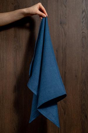 
                  
                    Load image into Gallery viewer, blue linen kitchen towel, holding with hand
                  
                