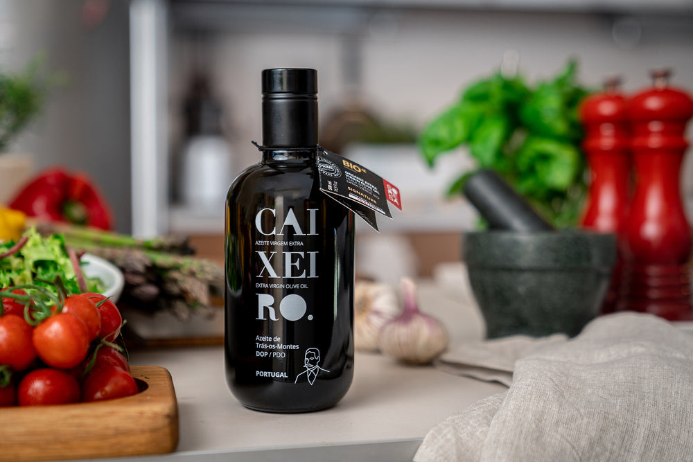 Caixeiro extra virgin olive oil in the black bottle on the kitcen’s table from Portugal