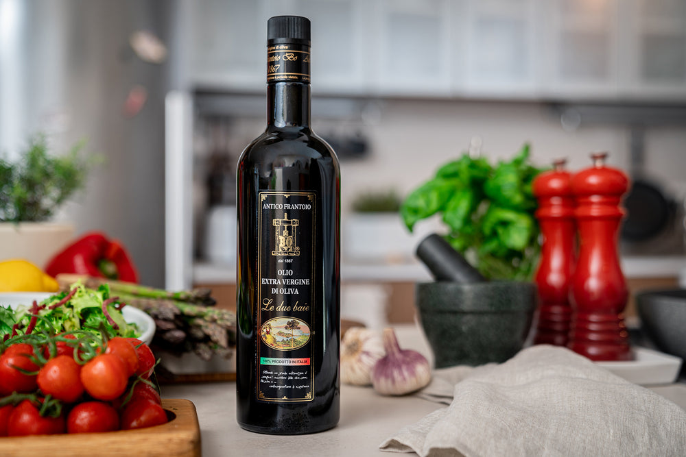 Bottle 750ml, of Italian Extra virgin olive oil on the table, in the kitchen